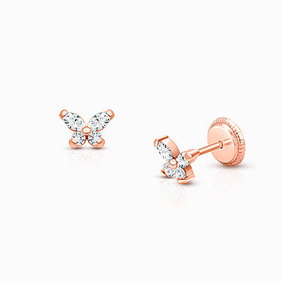 Baby Butterfly, Clear CZ Baby/Children’s Earrings, Screw Back – 14K White Gold