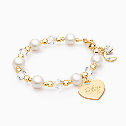 Precious Pearls, Teen’s Beaded Bracelet for Girls (INCLUDES Engraved Charm) – 14K Gold