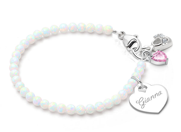 3mm Opals, Lab Created White Opal Baby/Children’s Beaded Bracelet for Girls (INCLUDES Engraved Charm) – Sterling Silver