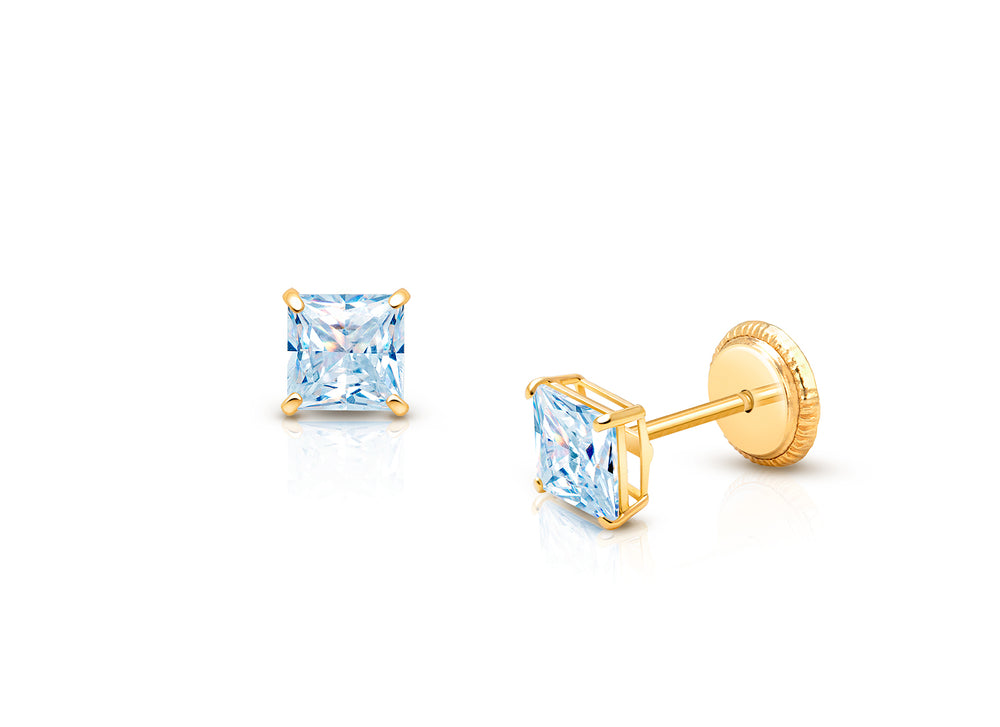 Princess Cut Studs, 4mm Aquamarine CZ Studs, Baby/Children’s Earrings, Screw Back – 14K Gold