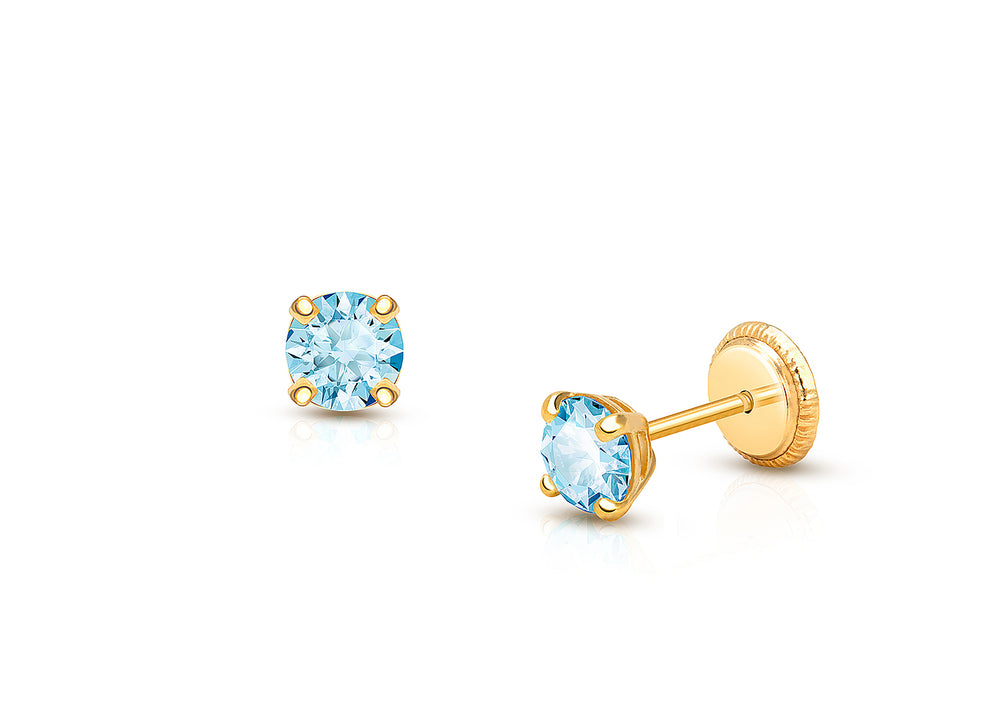 March Birthstone Studs, 4mm Swarovski® Crystal Teen’s Earrings, Screw Back – 14K Gold