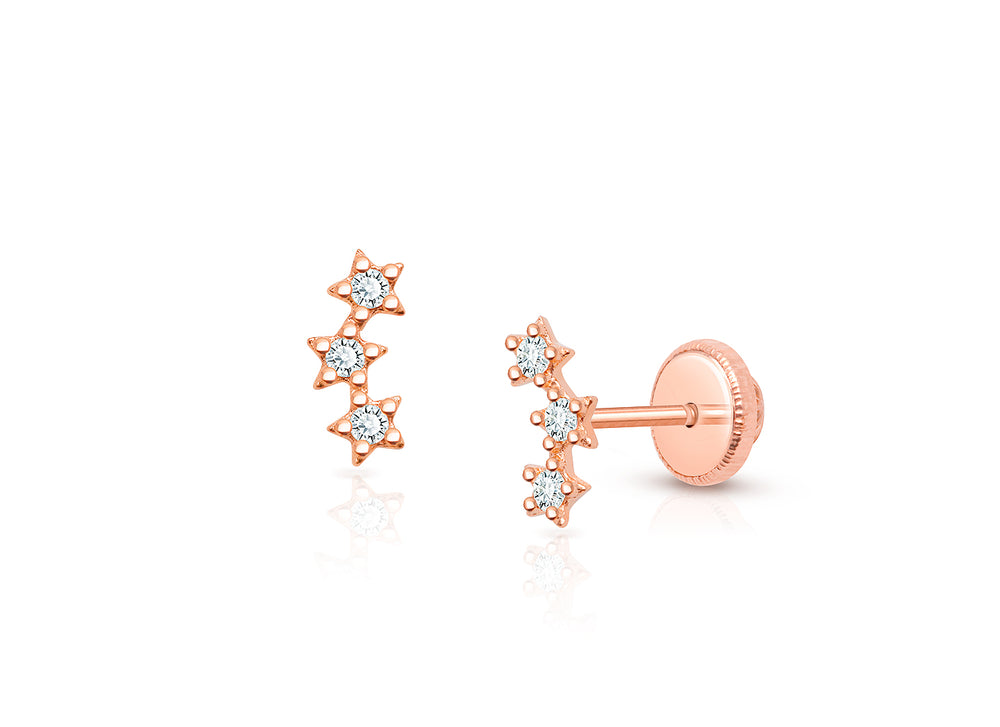 Lucky Stars, Clear CZ Baby/Children’s Earrings, Screw Back – 14K Rose Gold
