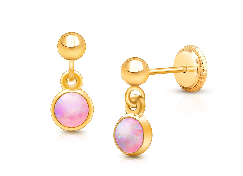 Shimmering Opal Dangle, Pink Opal Teen’s Earrings, Screw Back – 14K Gold