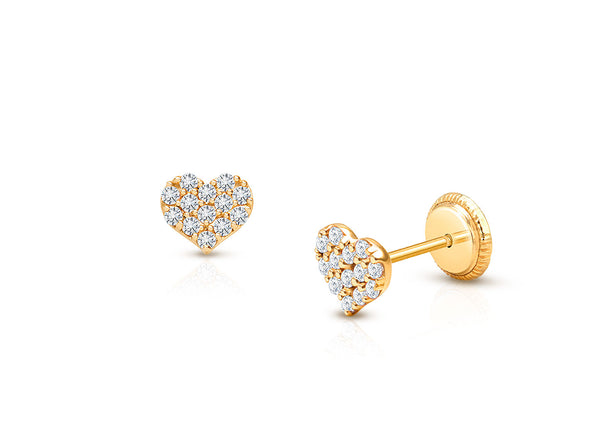 Dearest Heart, Clear Pavé CZ Baby/Children’s Earrings, Screw Back – 14K Gold