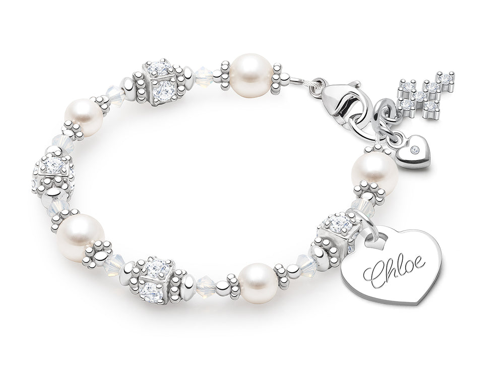 Crowned in Heaven, First Holy Communion Beaded Bracelet for Girls (INCLUDES Engraved Charm) – Sterling Silver