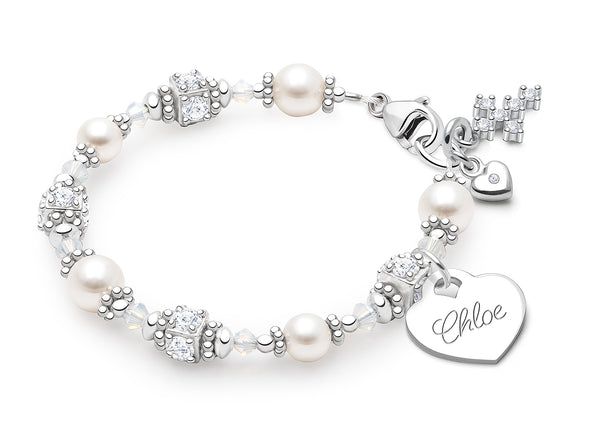 Crowned in Heaven, First Holy Communion Beaded Bracelet for Girls (INCLUDES Engraved Charm) – Sterling Silver