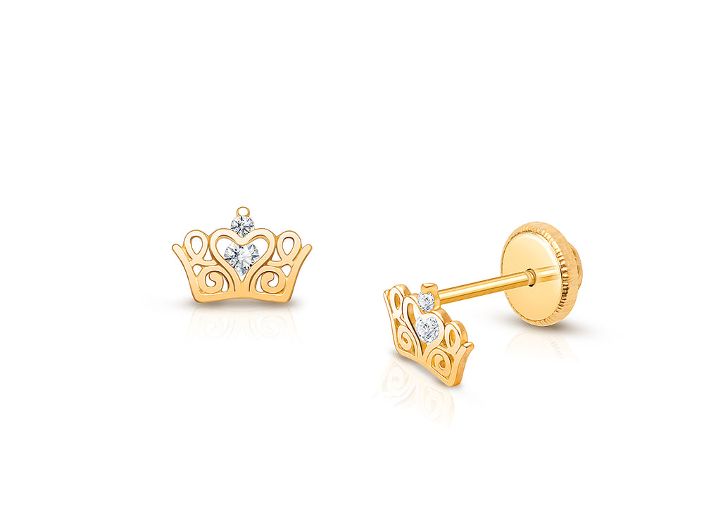 Tiny Tiara, Clear CZ Crown Baby/Children’s Earrings, Screw Back – 14K Gold