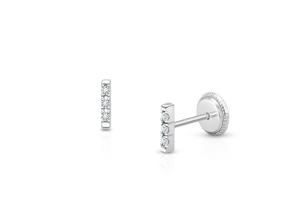 Pavé Bar, Clear CZ Teen’s Earrings, Screw Back – 14K White Gold