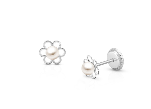 Petals and Pearls, Baby/Children’s Earrings, Screw Back – 14K White Gold