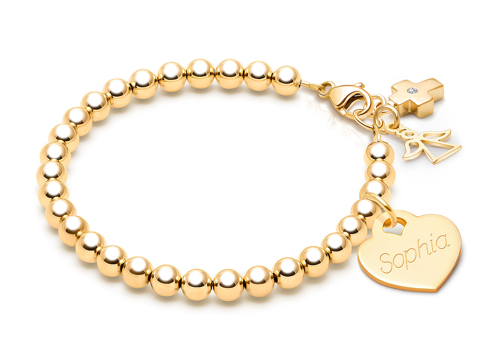 4mm Tiny Blessings Beads, First Holy Communion Beaded Bracelet for Girls (INCLUDES Engraved Charm) – 14K Gold