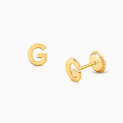 ‘G’ Initial Studs Personalized Baby/Children’s Earrings, Screw Back – 14K Gold