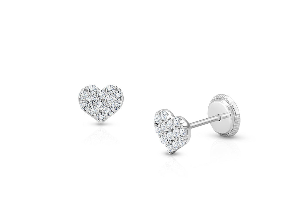 Dearest Heart, Clear Pavé CZ Baby/Children’s Earrings, Screw Back – 14K White Gold
