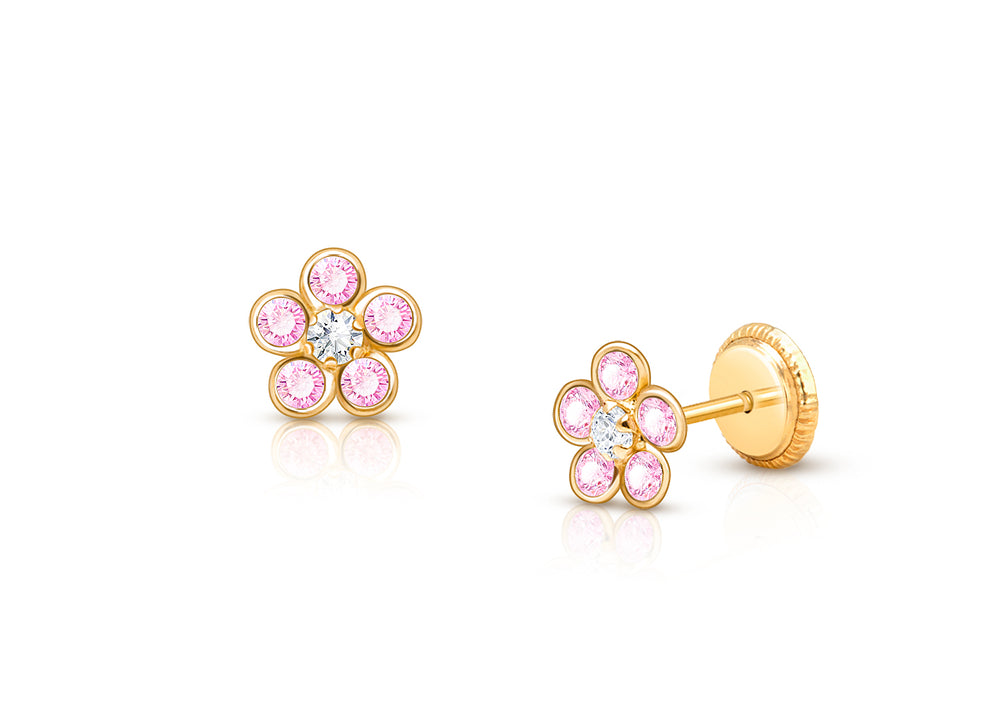 Flower Girl, Pink/Clear CZ Baby/Children’s Earrings, Screw Back – 14K Gold