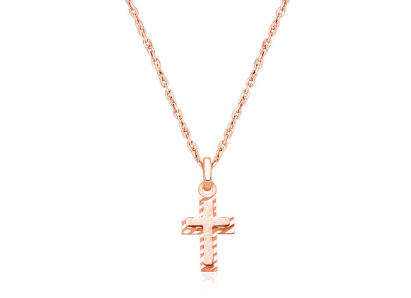 Beautifully Beveled Cross, Communion Children’s Necklace for Girls – 14K Rose Gold