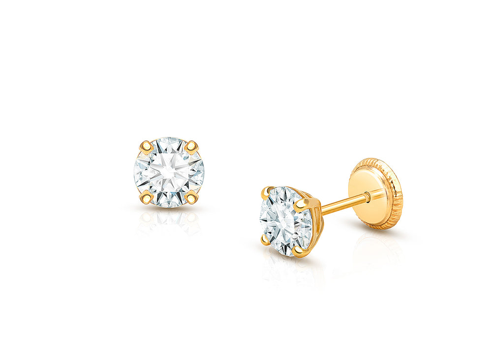 5mm CZ Round Studs, First Holy Communion Children’s Earrings, Screw Back – 14K Gold