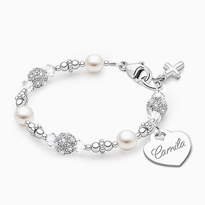 Birthstone, First Holy Communion Beaded Bracelet for Girls (INCLUDES Engraved Charm, All 12 Birthstones Available) – Sterling Silver
