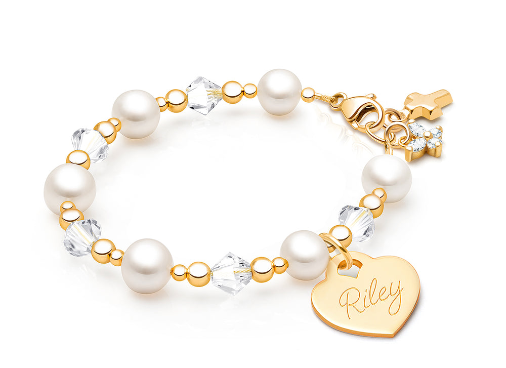 Precious Pearls, Baby/Children’s Beaded Bracelet for Girls (INCLUDES Engraved Charm) – 14K Gold