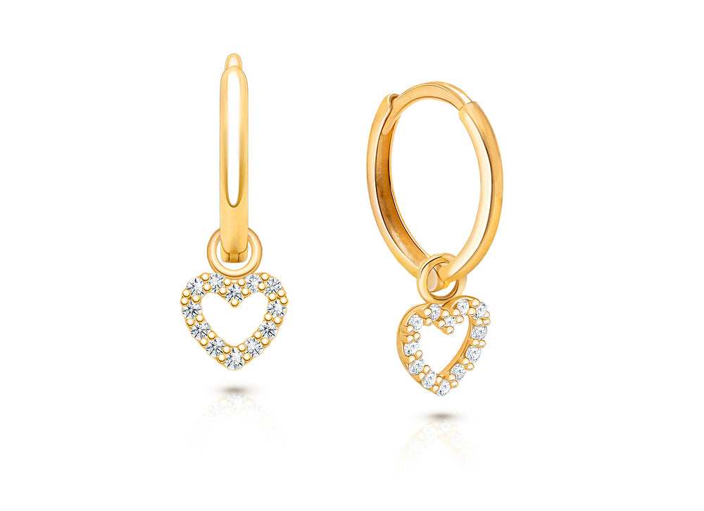 11mm Classic Huggie Hoops with Pavé Heart Dangle, Baby/Children’s Earrings – 14K Gold