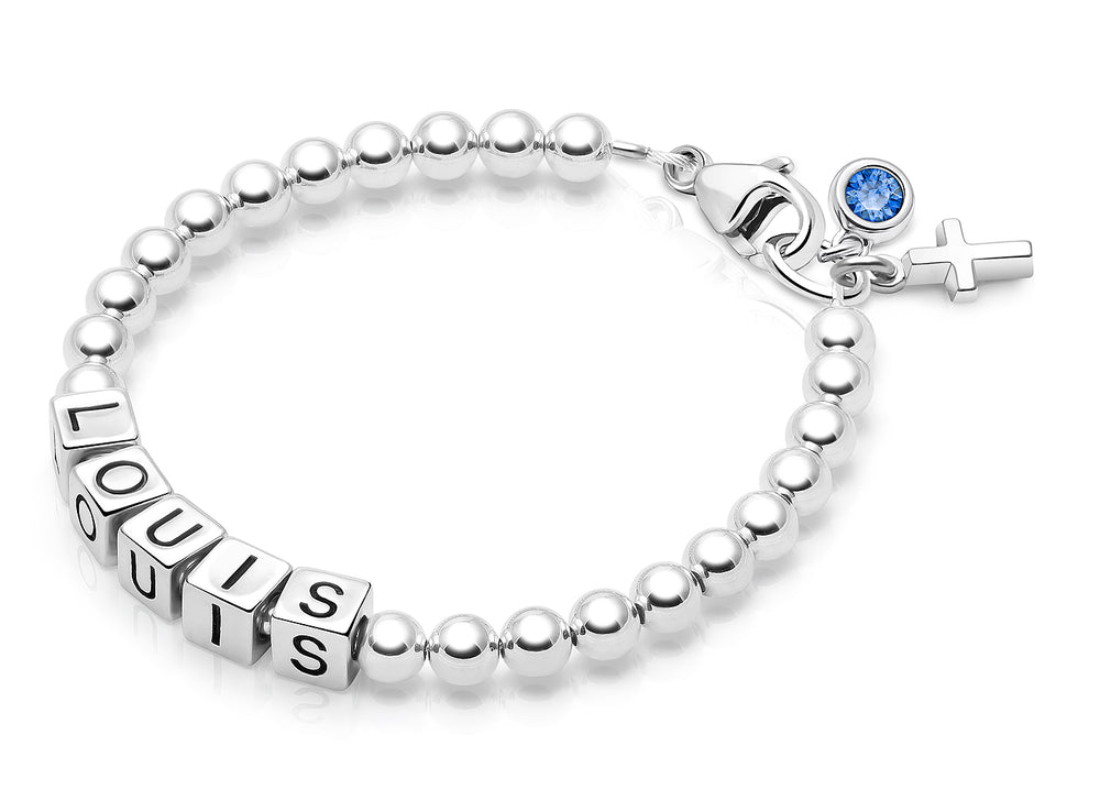 4mm Tiny Blessings Beads, Christening/Baptism Baby/Children’s Name Bracelet for Boys – Sterling Silver