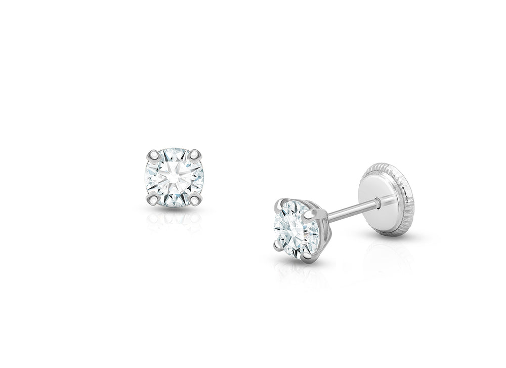 4mm CZ Round Studs, Teen’s Earrings, Screw Back – 14K White Gold