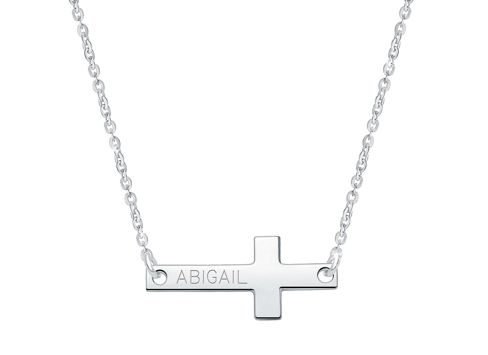 Small Sideways Cross Bar, Engraved Children’s Necklace for Girls (FREE Personalization) – Sterling Silver
