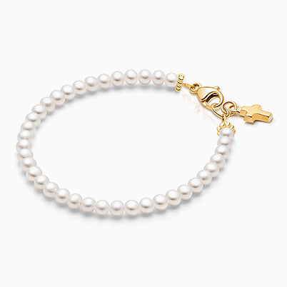 3mm Cultured Pearls, Christening/Baptism Baby/Children’s Beaded Bracelet for Girls – 14K Gold