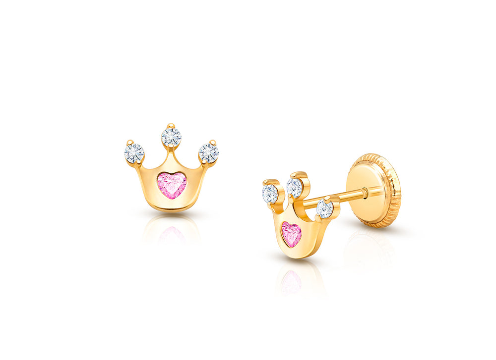 Princess at Heart, Pink/Clear CZ Teen’s Earrings, Screw Back – 14K Gold