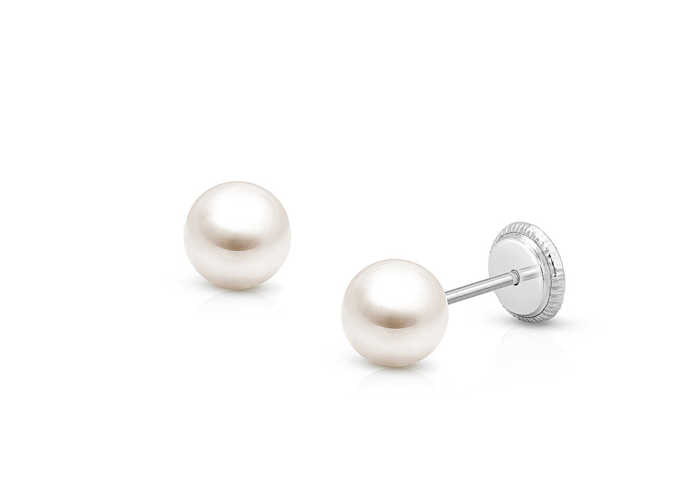 5mm Pearl Studs, First Holy Communion Children’s Earrings, Screw Back – 14K White Gold