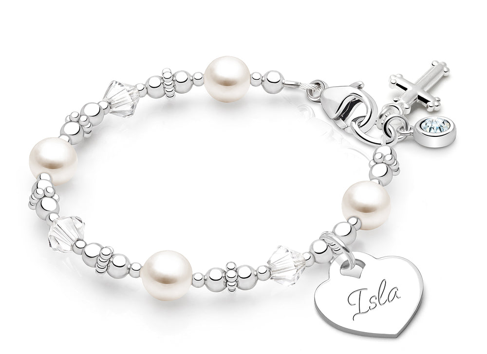 Diamond Cross, Christening/Baptism Baby/Children’s Beaded Bracelet for Girls (INCLUDES Engraved Charm) – Sterling Silver