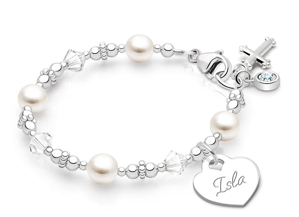 Diamond Cross, Christening/Baptism Baby/Children’s Beaded Bracelet for Girls (INCLUDES Engraved Charm) – Sterling Silver