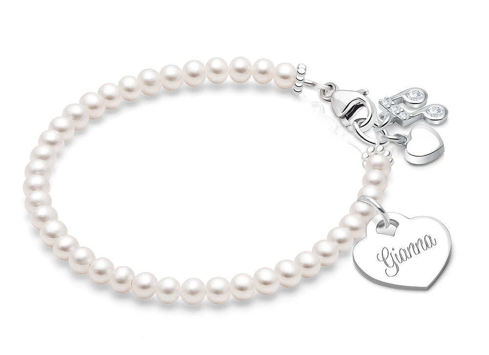 3mm Cultured Pearls, Baby/Children’s Beaded Bracelet for Girls (INCLUDES Engraved Charm) – Sterling Silver