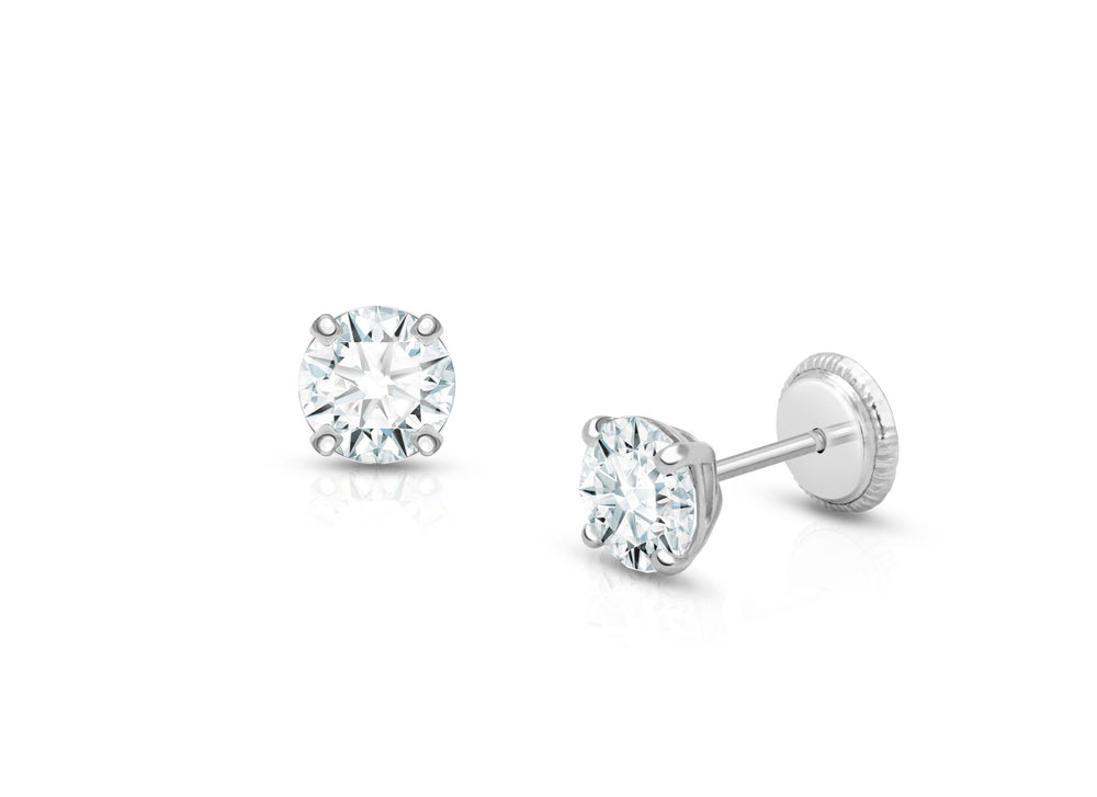 5mm CZ Round Studs, Baby/Children’s Earrings, Screw Back – 14K White Gold