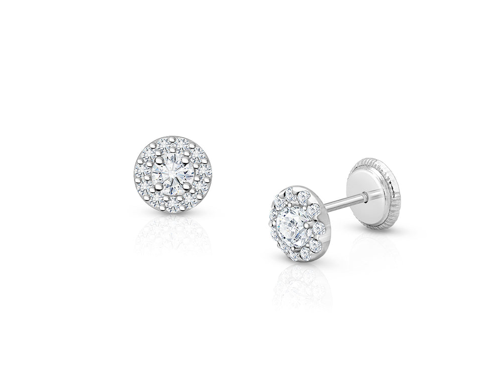 Brilliant Halo, Clear CZ Christening/Baptism Baby/Children’s Earrings, Screw Back – 14K White Gold