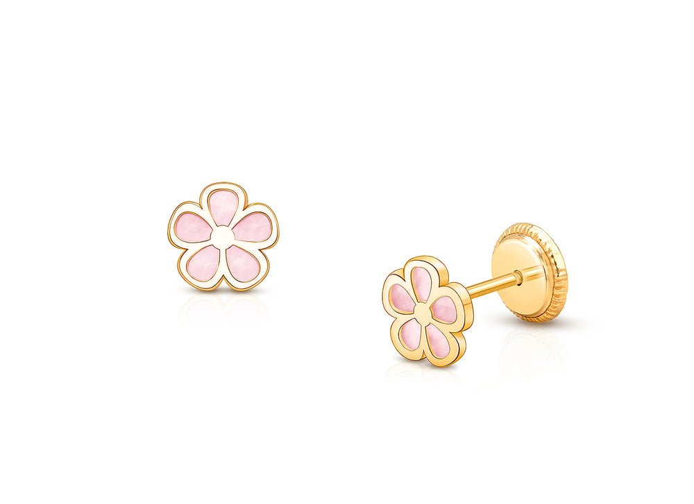 Gia™ Genuine Bloom, Pink Mother of Pearl Teen’s Earrings, Screw Back – 14K Gold