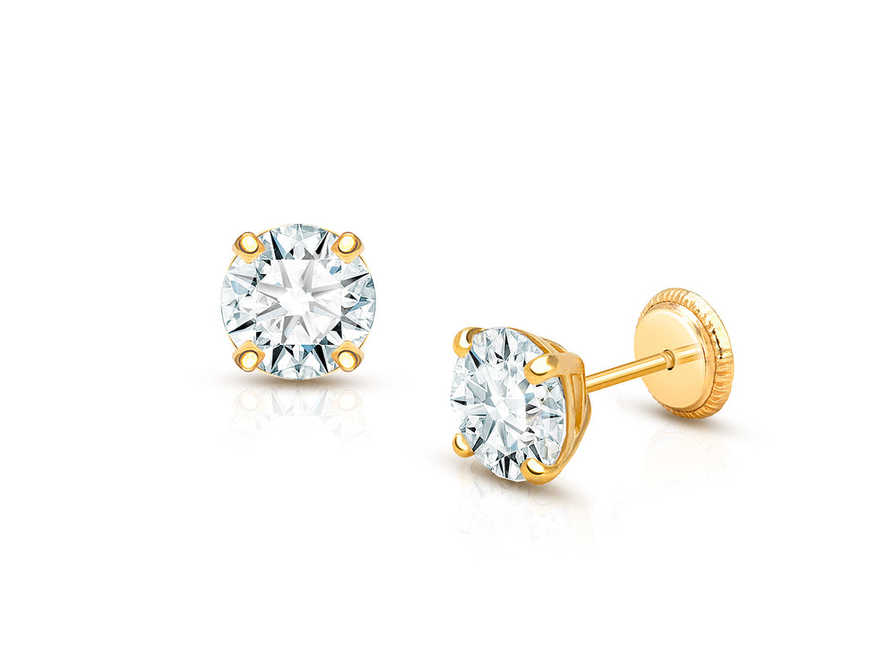 6mm CZ Round Studs, Teen’s Earrings, Screw Back – 14K Gold