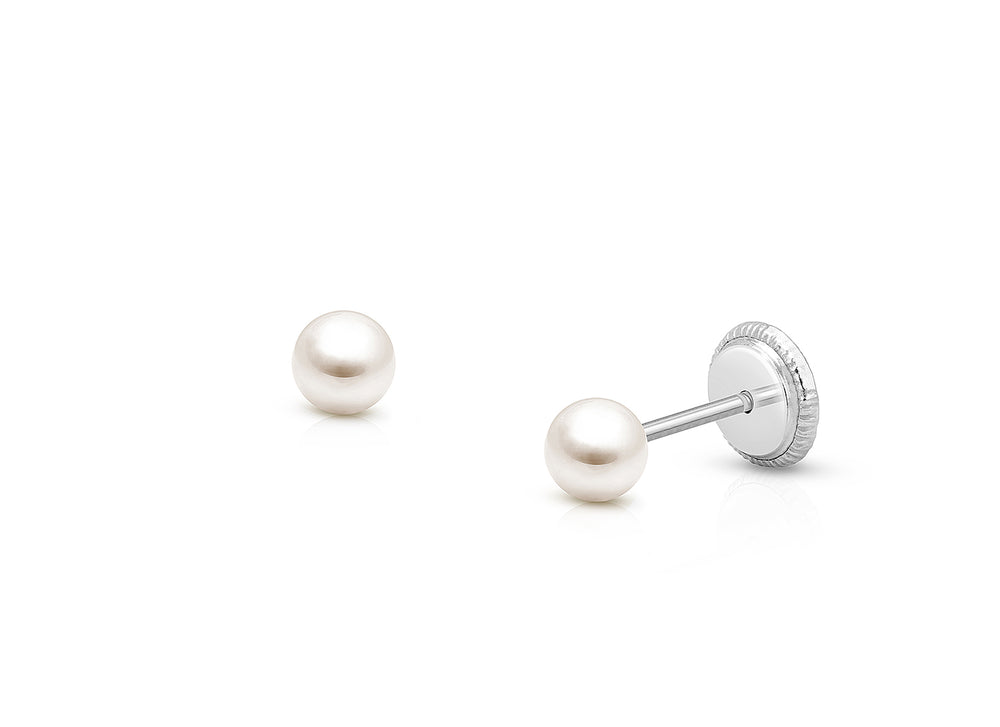 3mm Pearl Studs, Christening/Baptism Baby/Children’s Earrings, Screw Back – 14K White Gold