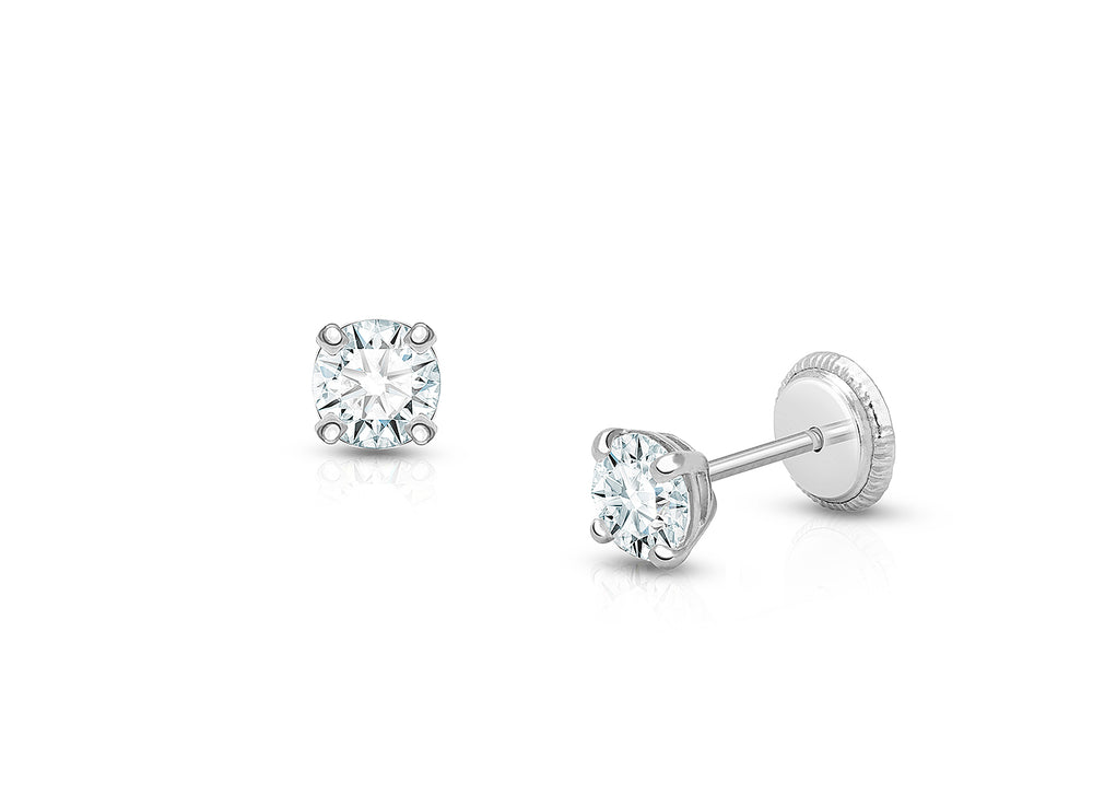 4mm CZ Round Studs, First Holy Communion Children’s Earrings, Screw Back – 14K White Gold