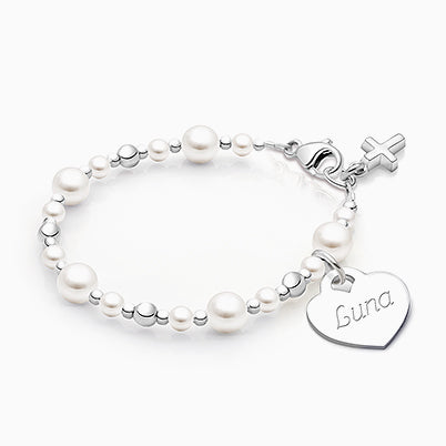 Diamond Cross, Christening/Baptism Baby/Children’s Engraved Bracelet for Girls – Sterling Silver