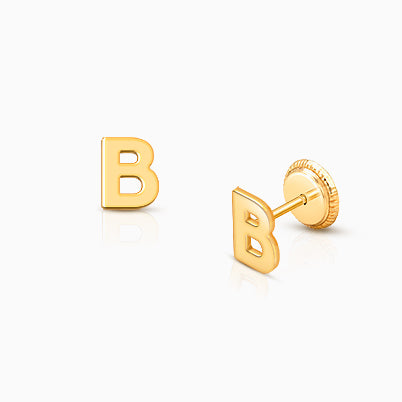 ‘B’ Initial Studs Personalized Baby/Children’s Earrings, Screw Back – 14K Gold