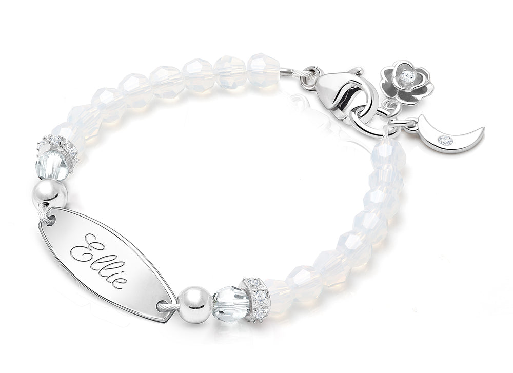 tB® Signature Crystal™ White Opal Baby/Children’s Engraved Bracelet for Girls – Sterling Silver