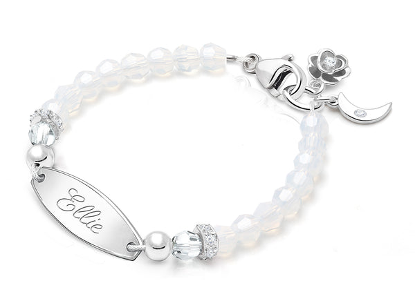 tB® Signature Crystal™ White Opal Baby/Children’s Engraved Bracelet for Girls – Sterling Silver