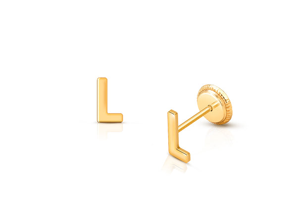 ‘L’ Initial Studs Personalized Baby/Children’s Earrings, Screw Back – 14K Gold