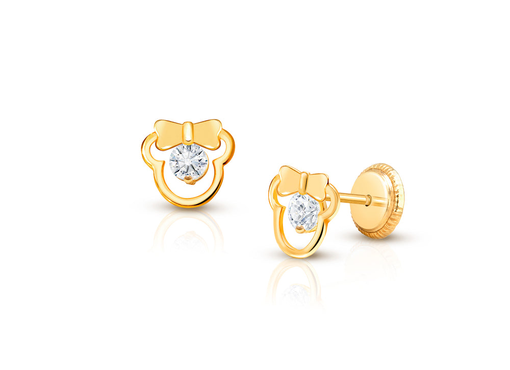 Girl Mouse with Bow, Baby/Children’s Earrings, Screw Back, Clear CZ – 14K Gold