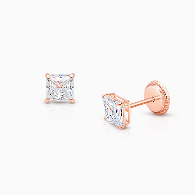 Princess Cut Studs, 4mm Clear CZ Studs, Baby/Children’s Earrings, Screw Back – 14K Gold