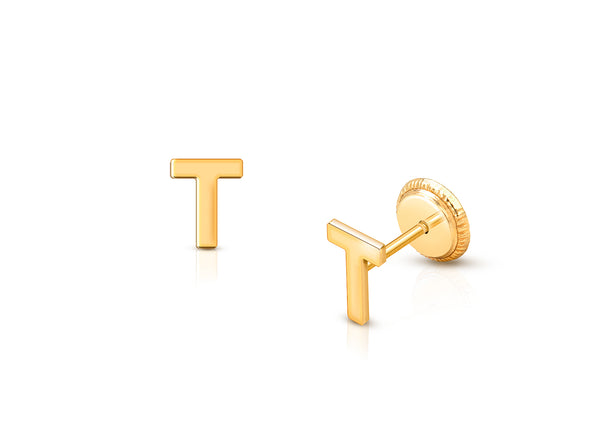 ‘T’ Initial Studs Personalized Baby/Children’s Earrings, Screw Back – 14K Gold