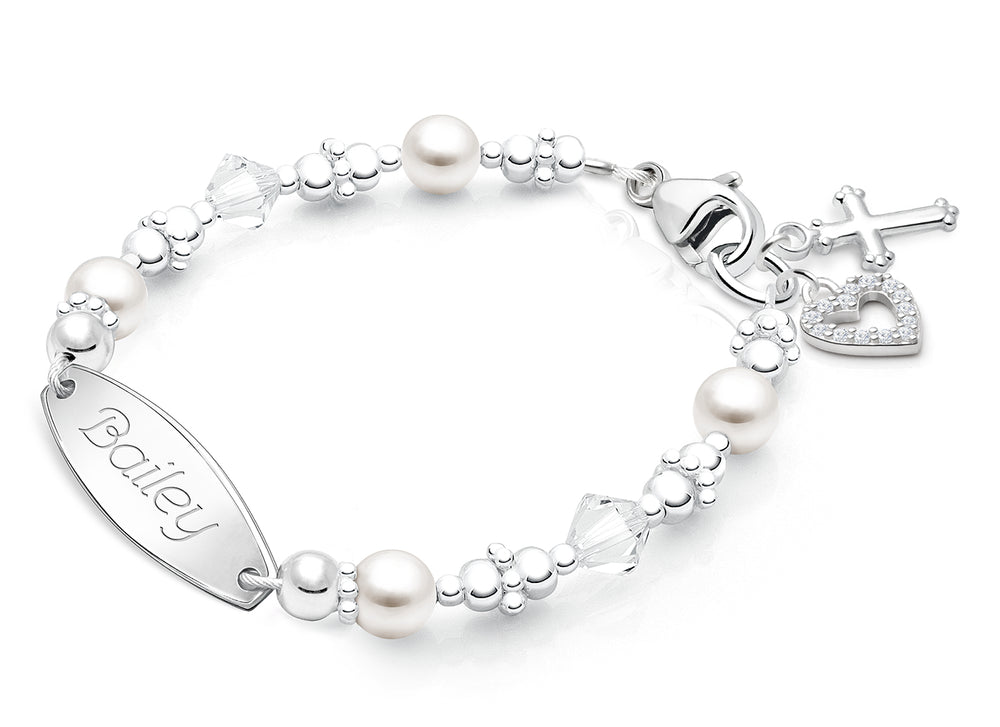 Diamond Cross, Christening/Baptism Baby/Children’s Engraved Bracelet for Girls – Sterling Silver
