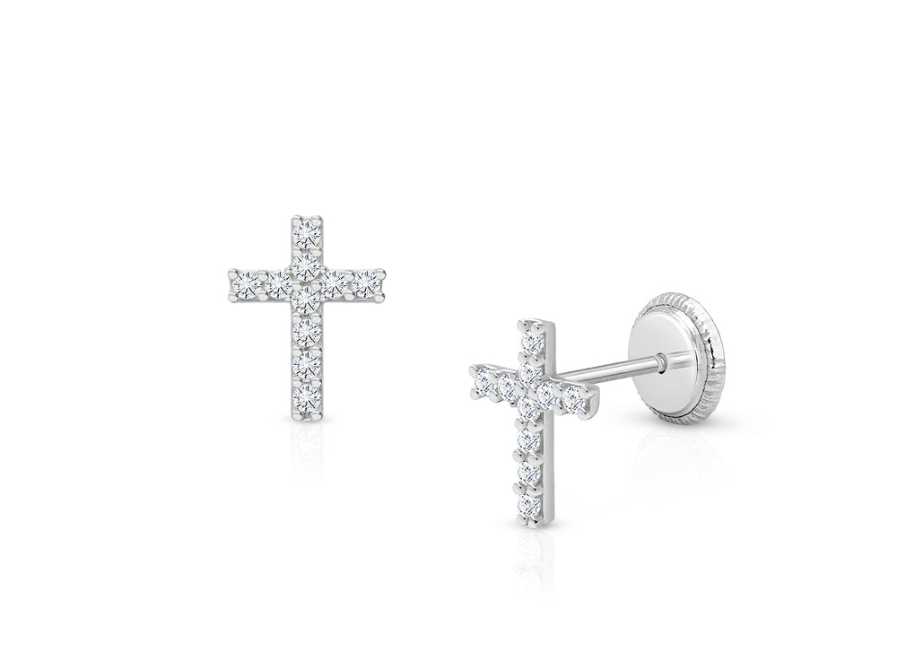 Miraculous Cross, Clear CZ Christening/Baptism Baby/Children’s Earrings, Screw Back – 14K White Gold