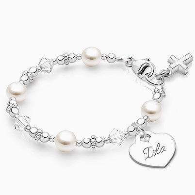 tB® Signature Crystal™ White Opal, First Holy Communion Beaded Bracelet for Girls (INCLUDES Engraved Charm) – Sterling Silver