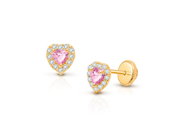 Blissful Heart, Pink/Clear CZ Baby/Children’s Earrings, Screw Back – 14K Gold