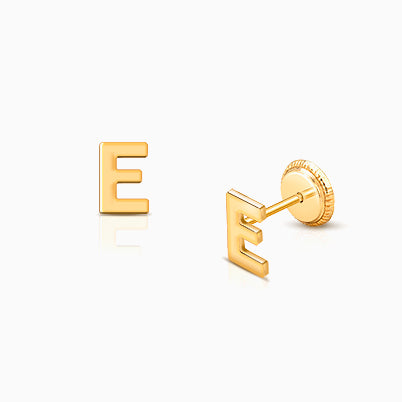 ‘E’ Initial Studs Personalized Baby/Children’s Earrings, Screw Back – 14K Gold